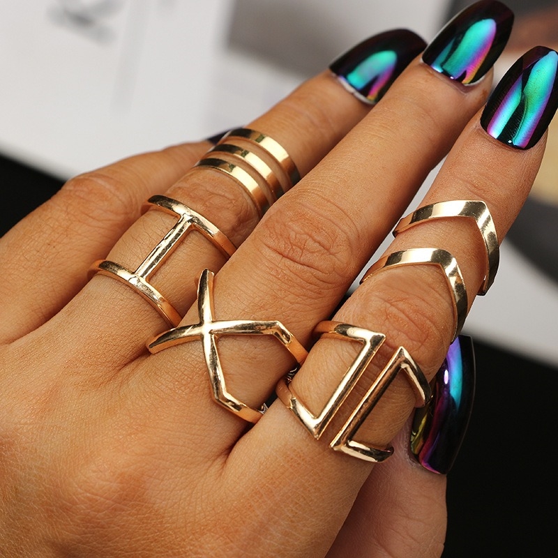 女士時尚流行個性新款幾何V型X鏤空女式戒指組合5件套裝