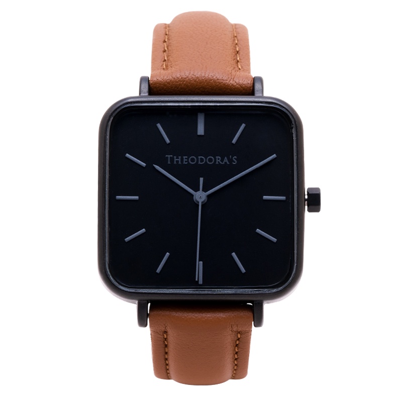 【THEODORA'S】Hebe 簡約方形真皮手錶 方形黑-真皮橘棕【希奧朵拉】