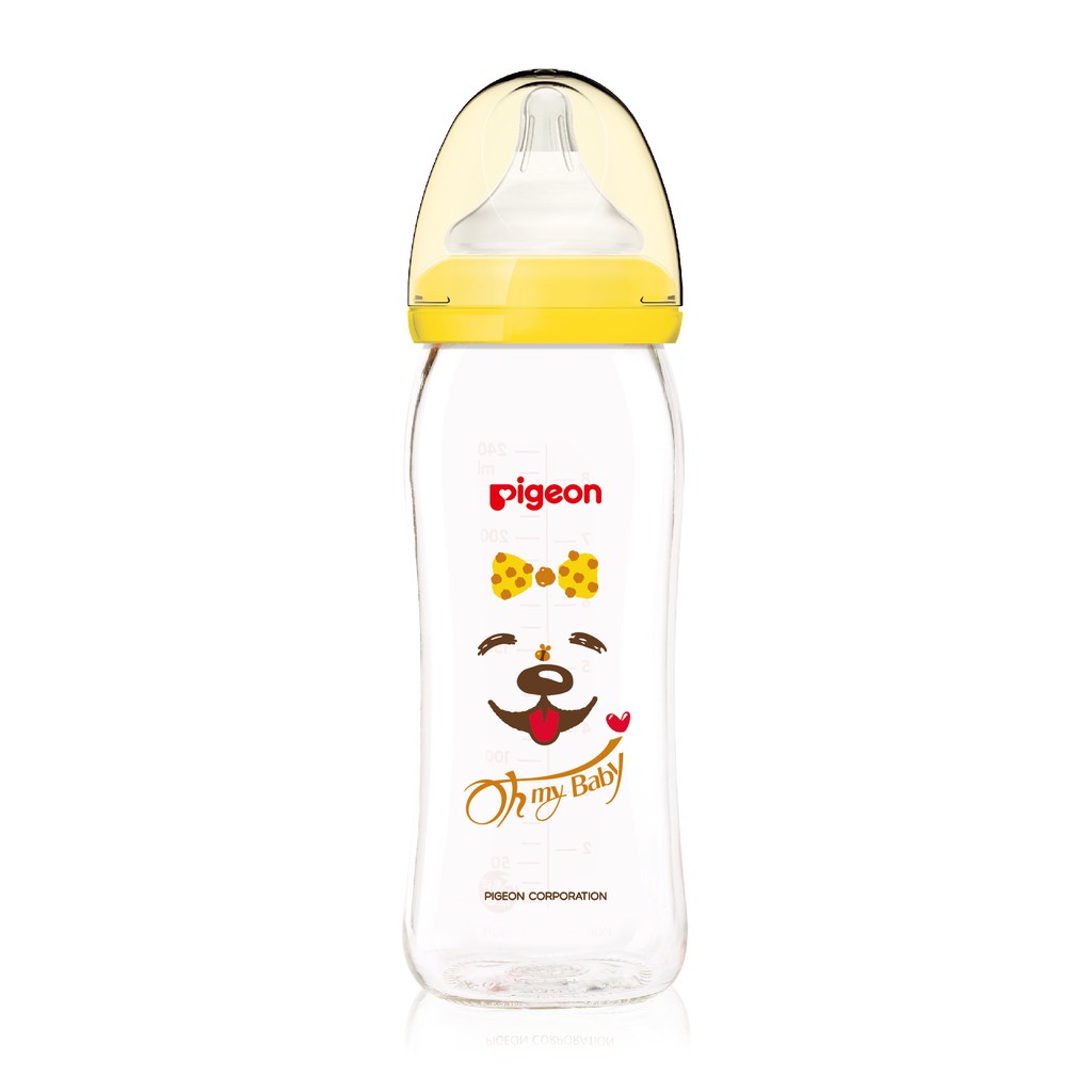 【Pigeon 貝親】寬口玻璃奶瓶240ml/狗年-黃色+贈奶瓶保護套(顏色隨機P26395/P26396)