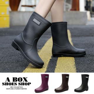 格子舖＊【ANR535】全防水時尚雨靴 防水材質 3CM圓頭中筒低跟雨靴 雨鞋3色
