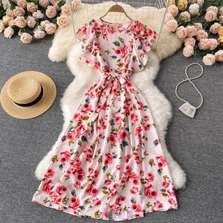 波西米亞洋裝 連衣裙 夏季新款韓版印花無袖繫帶修身顯瘦大擺碎花洋裝