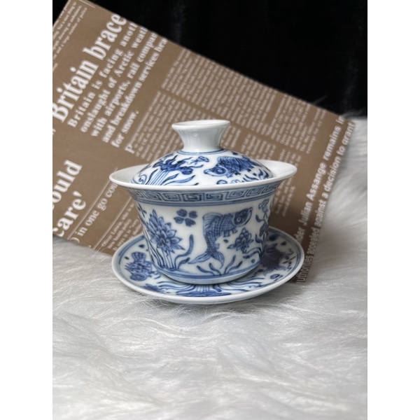 早期收藏老件瓷器青花魚藻紋茶盞蓋杯擺件