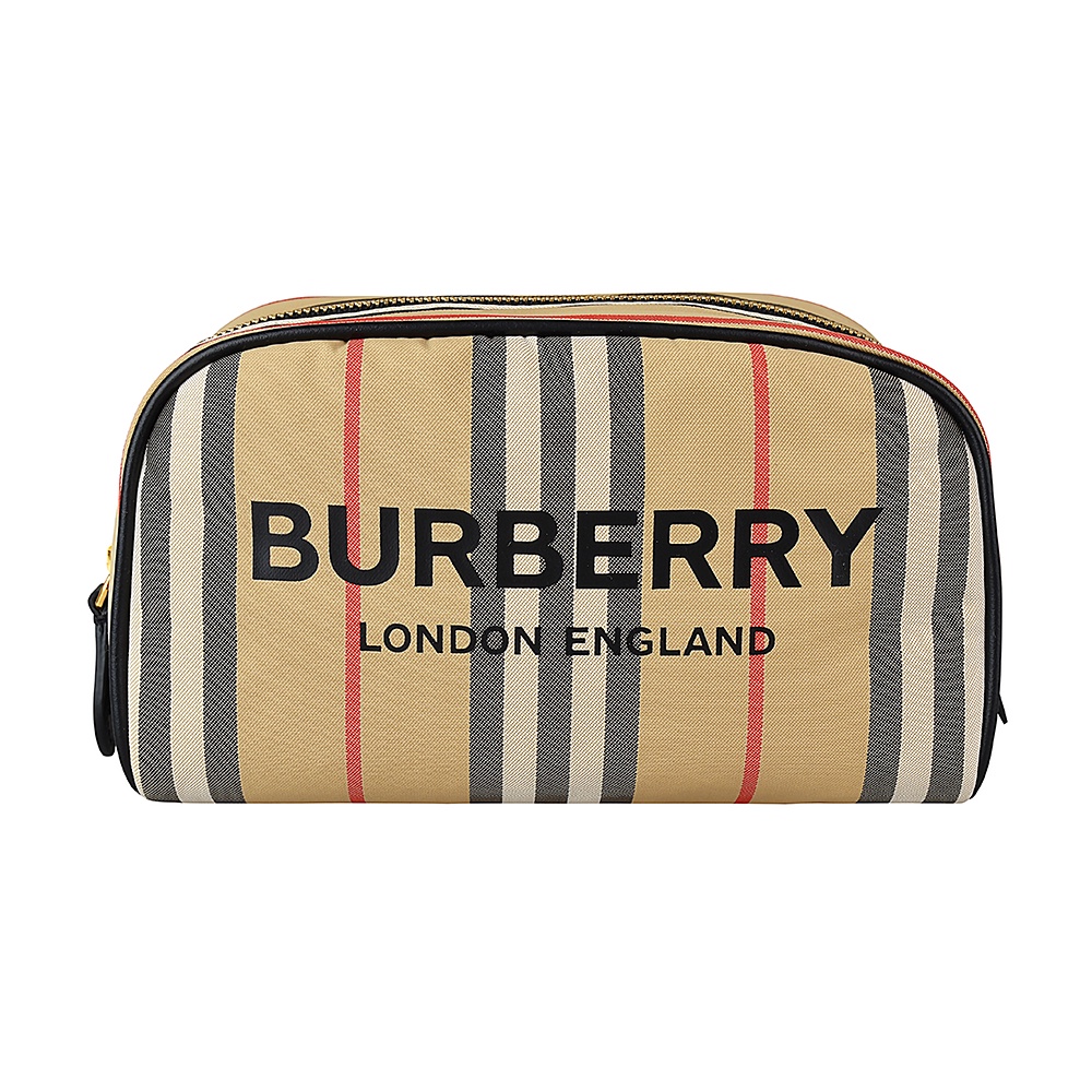 BURBERRY黑字燙印LOGO條紋設計尼龍拉鍊手拿旅行包(小/典藏米)