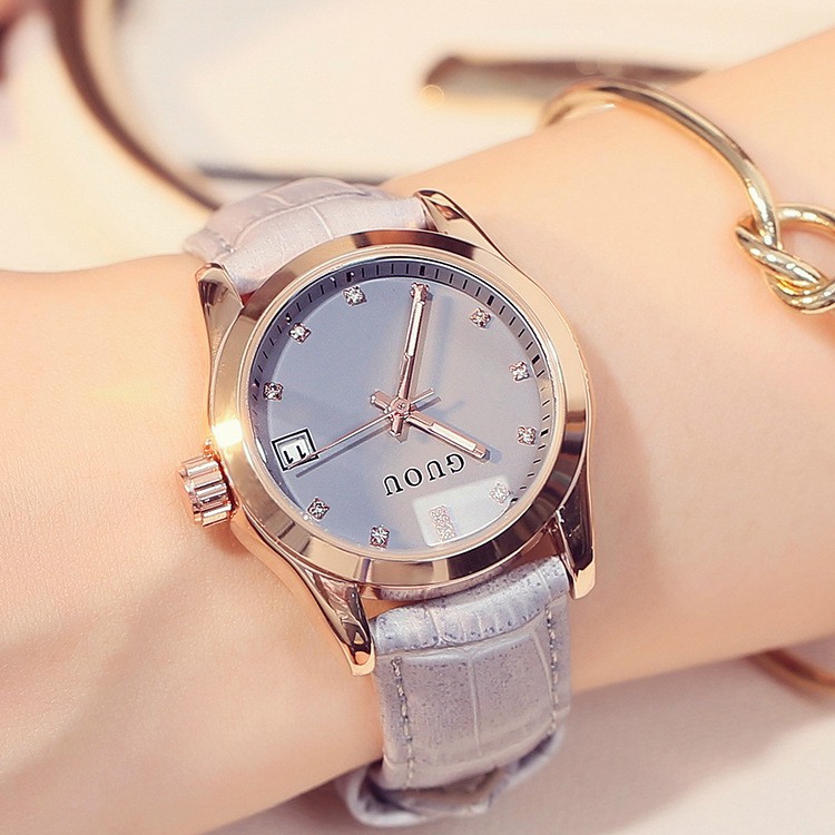 古歐  GUOU簡約帶日曆時尚腕表 夜光指針水鑽手錶皮帶手錶女 8076 女士手錶 禮物禮品