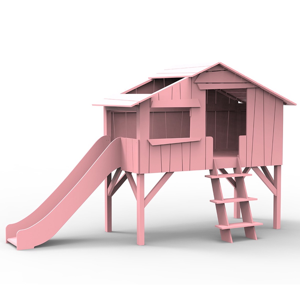hoi! 比利時 Mathy by Bols 樹屋單人兒童床附滑梯 90x190-亮粉色/含安裝運送
