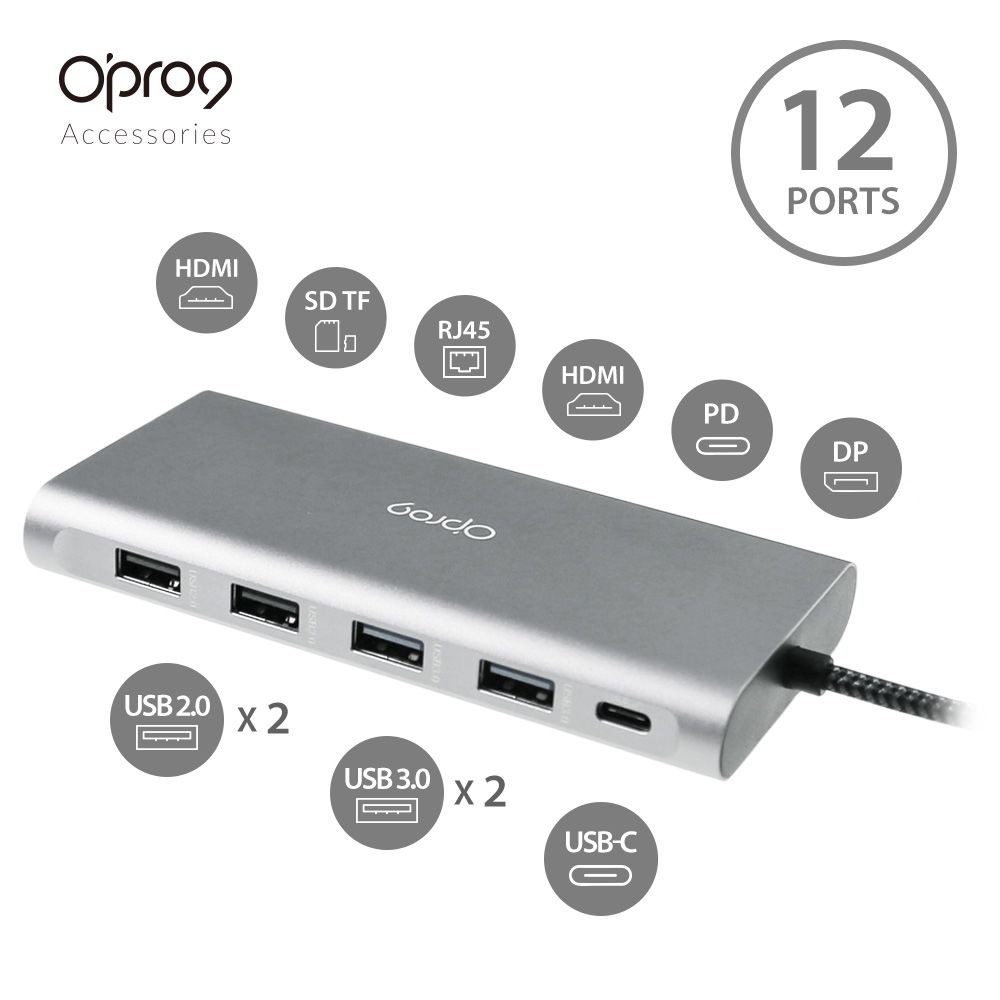 【2021最新專業版】Opro9 USB-C 12埠帶線多功能轉接器