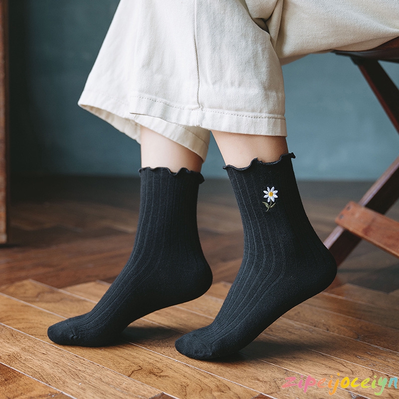 日系可愛木耳邊中筒襪子 甜美刺綉雛菊小花元素 ins潮襪 學院風堆堆襪