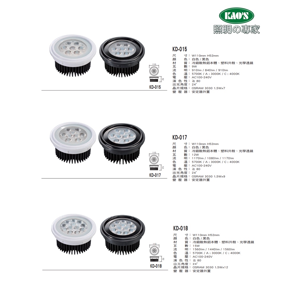 ❰KD照明❱ KAO'S LED AR111 高照度 燈泡 9W 12W 15W OSRAM 歐司朗 台灣製造 含變壓器