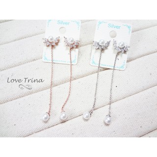 【Love Trina】韓國進口。正韓。6938-0308 天使之翼珍珠鋯石垂墜感耳針式耳環--銀針(2色)