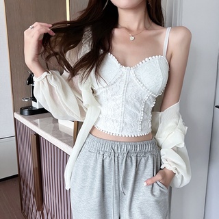 愛依依上衣 小可愛 內搭 吊帶衫 新款吊帶小背心女法式性感純欲風白色蕾絲外穿打底上衣MB070-6523.