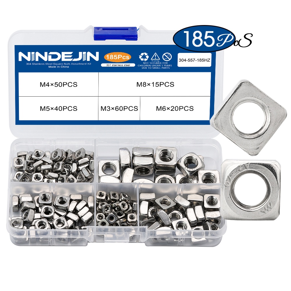 NINDEJIN 185個304不銹鋼四方螺母套裝盒裝方型方形螺母四角方螺母各種規格