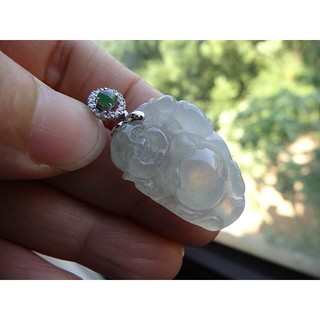 Alice~保証天然緬甸玉A貨 泛光冰種白翡 厚版多福 歡笑彌勒佛 翡翠玉墜子 K金真鑽翠綠翡翠墜頭