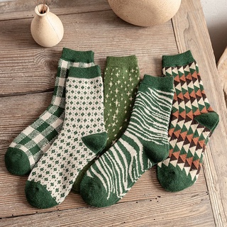 Image of 大唐襪業 D203綠色系列厚款秋冬季襪子中筒加厚加絨羊毛襪菱形格子學生日系保暖襪