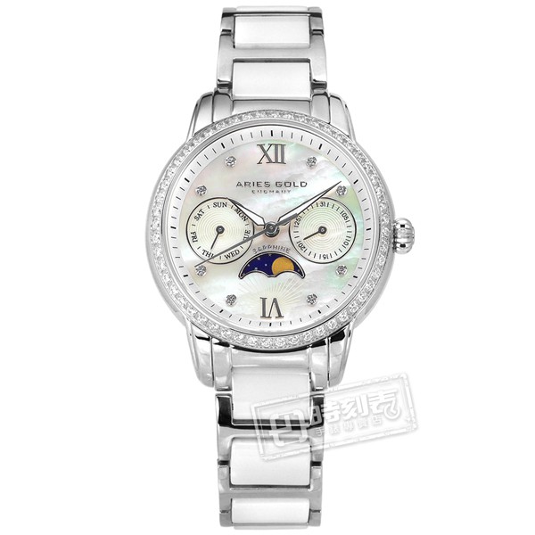 ARIES GOLD / 月相錶 日期星期 陶瓷不鏽鋼手錶 銀白色 / L58010LS-MP / 34mm