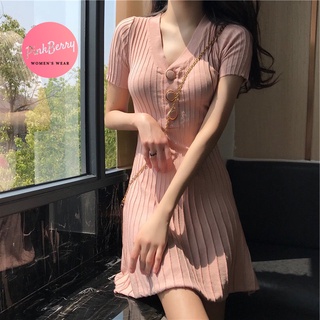 PinkBerry│ins 風 3色 韓國針織緊身夏天 氣質洋裝 顯瘦v領收腰壓褶短袖連身裙超顯白 貼身洋裝