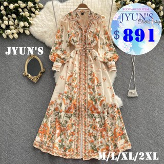 JYUN'S 秋季新款法式復古宮廷風碎花寬鬆收腰顯瘦氣質裙子女過膝長裙長袖洋裝連身裙大尺碼2色M~2XL預購
