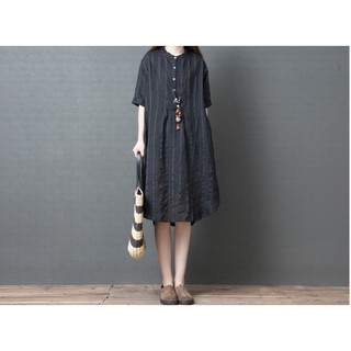 韓版 夏季寬鬆 棉麻 條紋襯衫裙 長版襯衫 時尚女裝 兩色 現貨