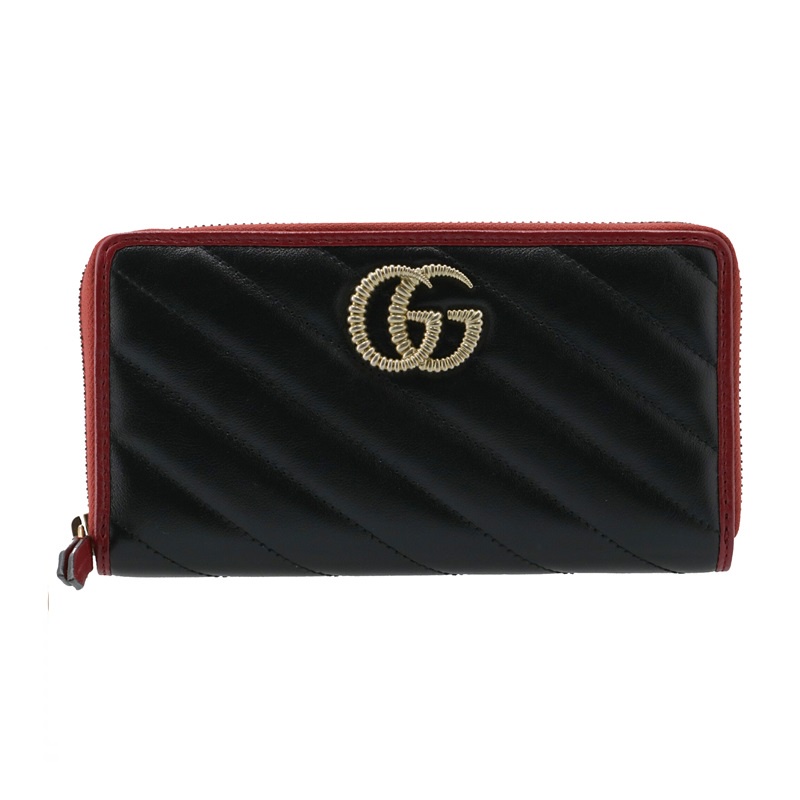 Gucci 573810 GG Marmont 絎縫斜紋牛皮撞色拉鏈長夾 黑色/紅色
