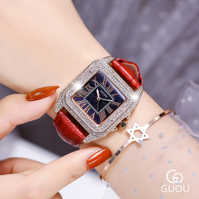 GUOU古歐 8215 氣質方盤水鑽手錶復古羅馬刻度女士精美百搭防水石英手錶女生禮物 禮品