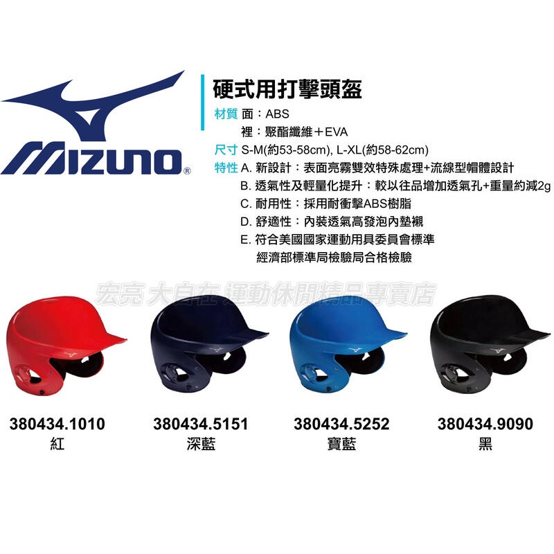 MIZUNO 美津濃 硬式 打擊頭盔 壘球 棒球 成人用 雙耳款 380434.9090 .5151 .5252 大自