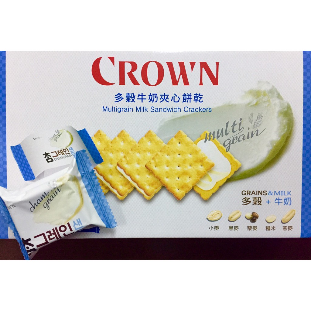 韓國Crown 多穀牛奶夾心餅乾16克獨享包，口感酥脆有層次Crown Multigrain Milk Crackers