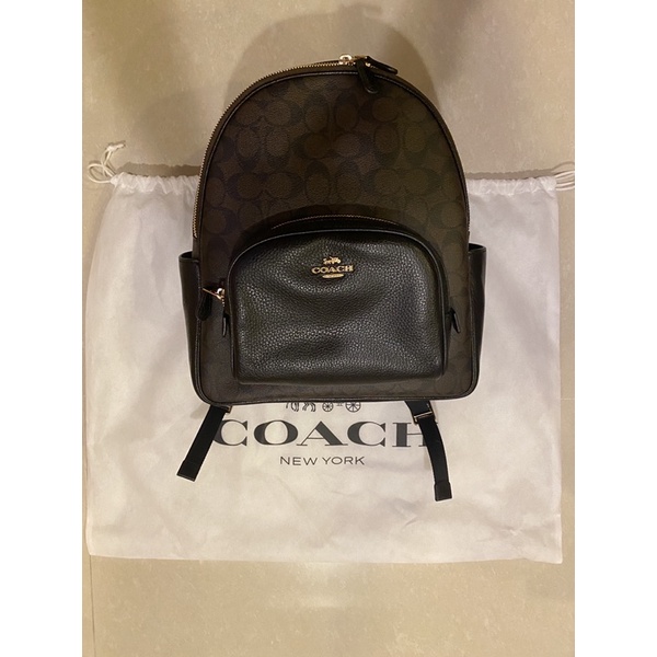 【COACH】金馬車LOGO拚皮革前口袋手提/後背包