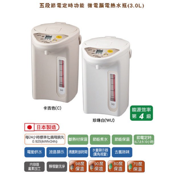 TIGER 虎牌3公升4段溫控微電腦電熱水瓶日本製造 PDR-S30R