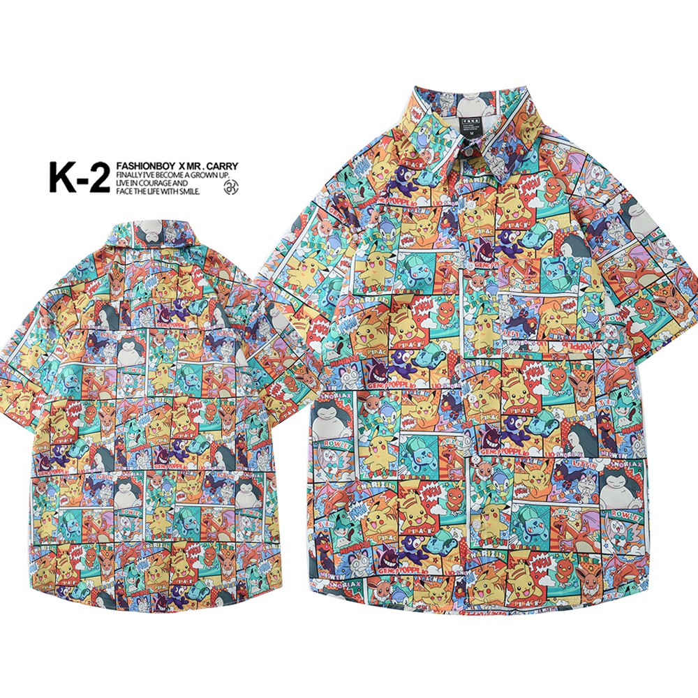 【K-2】滿版 皮卡丘 神奇寶貝 寶可夢 卡比獸 花襯衫 短袖襯衫 日式 街頭 穿搭