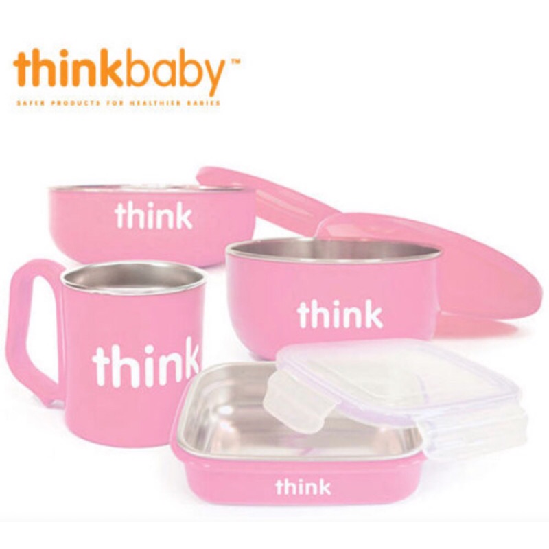 美國thinkbaby無毒不鏽鋼餐具組（草莓粉）