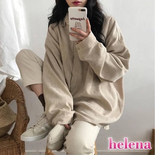 【Helena】燈芯絨長袖襯衫 薄款外套 翻領襯衫 長袖上衣 復古慵懶加厚寬鬆大尺碼落肩中長款韓版素色襯衫【A221】