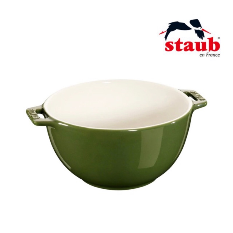 【Staub】全新 陶瓷沙拉缽18cm-羅勒綠色(1.4L)+紅色烤盤。共二件