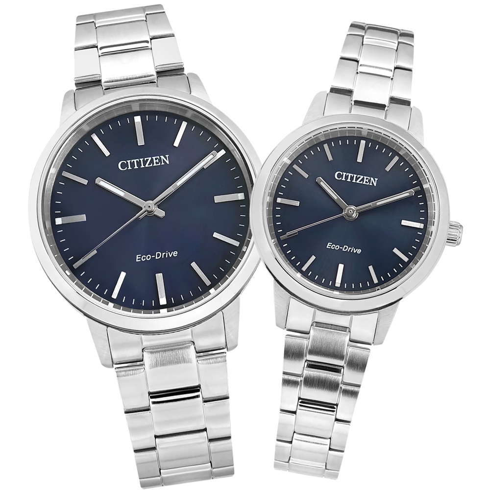 CITIZEN / 光動能 簡約時尚 不鏽鋼手錶 情人對錶 藍色 38mm+27mm