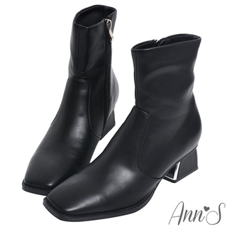 Ann’S造型電鍍梯形粗跟方頭短靴4.5cm-黑(版型偏小)