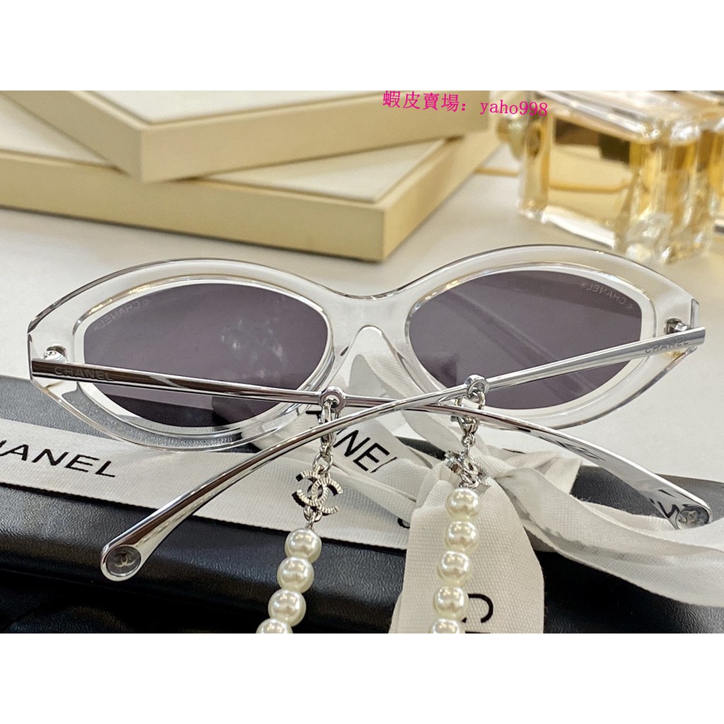 2020海報款Chanel墨鏡女香奈兒珍珠鏈條太陽鏡ch5424複古蝶形眼鏡橢圓 