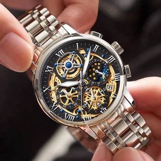 Lige 男士手錶原裝防水不銹鋼錶帶石英模擬手錶男士商務月亮星星日曆夜光時尚鏤空設計手錶
