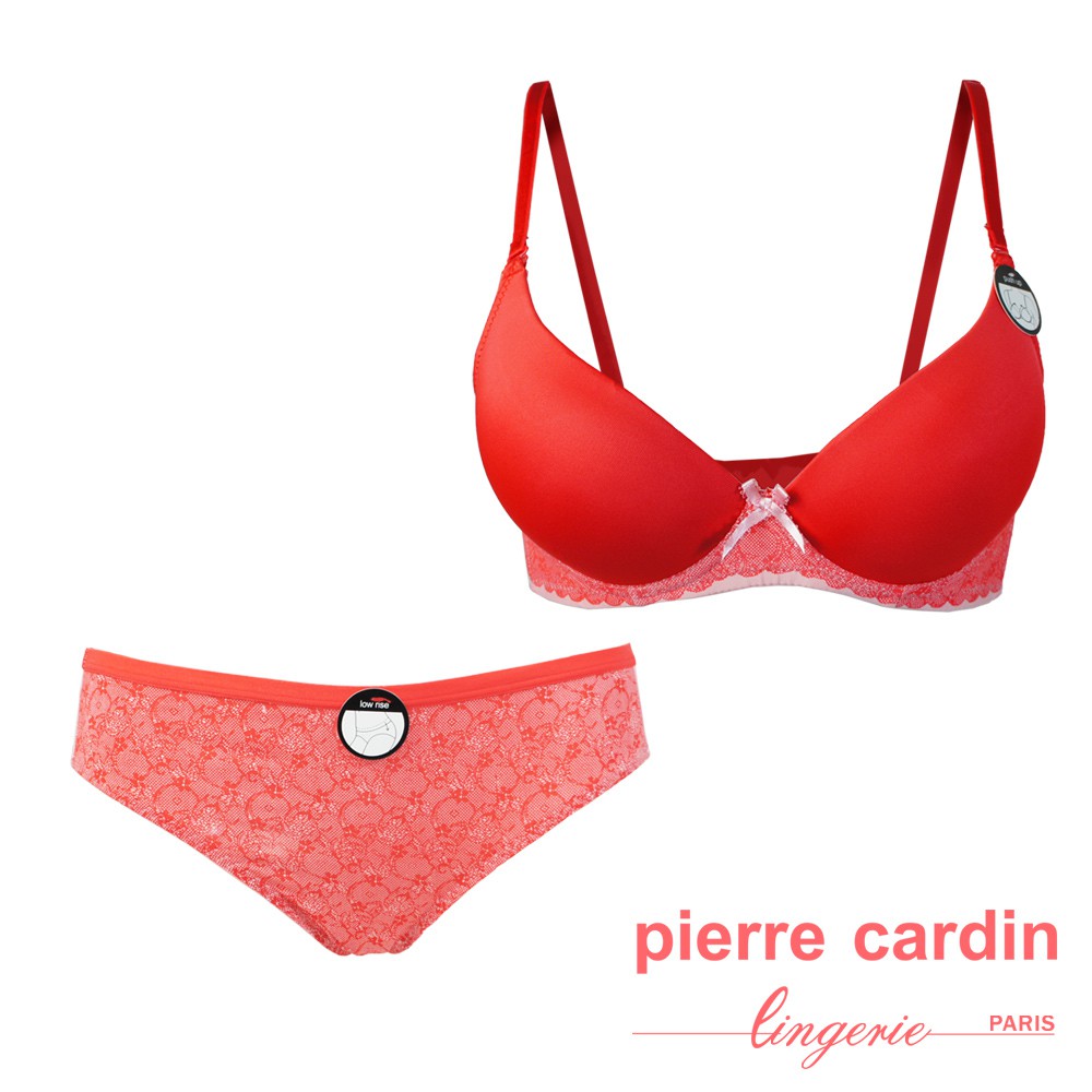 【pierre cardin 皮爾卡登女性內衣】C罩 蕾絲印花無痕內衣(成套-RED紅)-707-73355C