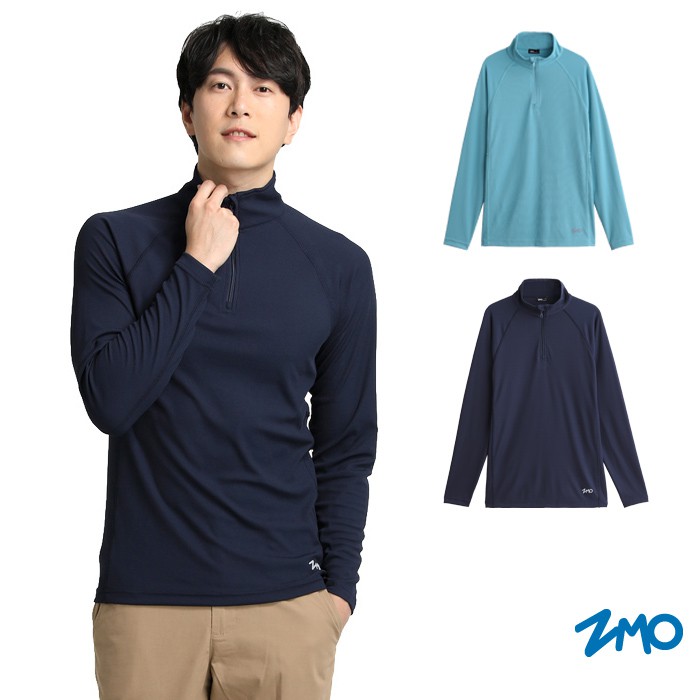 【ZMO】男立領吸排長袖衫上衣-丈青色/淺灰藍