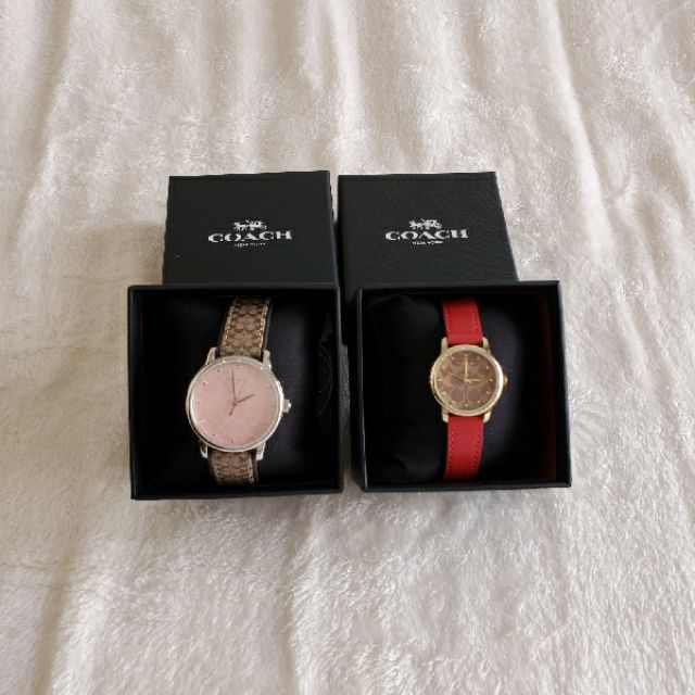 Coach 女錶 腕錶 老花 滿版 皮革手錶 織布錶帶 粉色 紅色 全新 正品 現貨