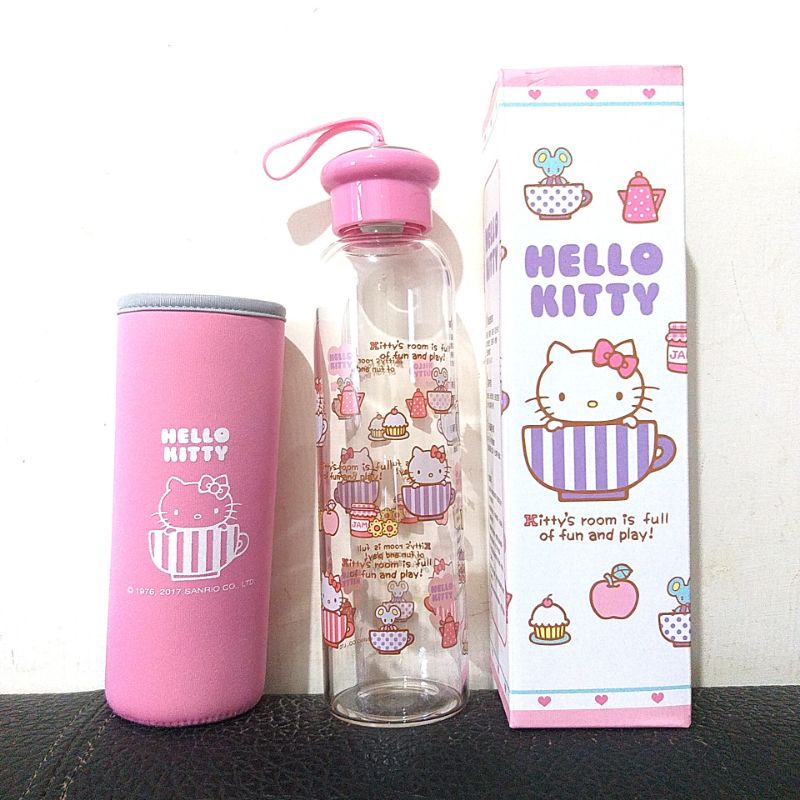 三麗鷗 Hello Kitty 耐熱玻璃水瓶 500mL 粉色 玻璃 水壺 布套 提帶