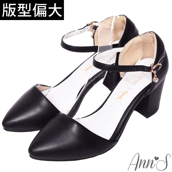 Ann’S Lovely-搖曳水鑽顯瘦側V繫踝尖頭粗跟鞋-黑