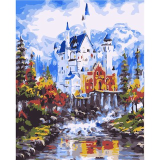 現貨 雪山城堡 30*40cm DIY手繪數字油畫可超商取貨付款客廳兒童房裝飾畫填色遊戲最佳禮品