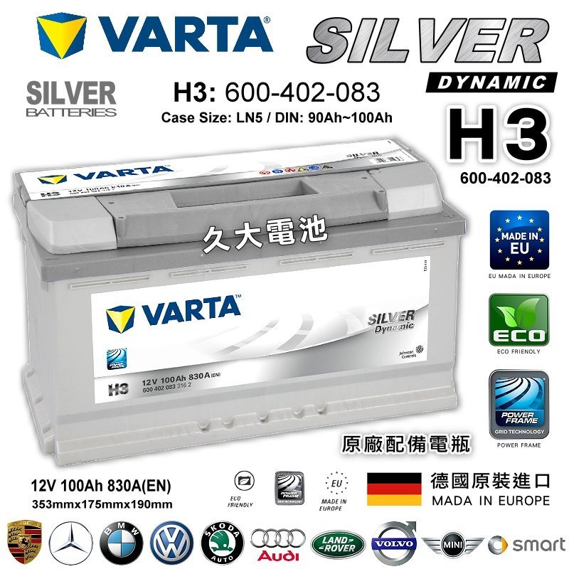 ✚久大電池❚ 德國進口 VARTA 銀合金 H3 100Ah LN5 BENZ BMW AUDI  原廠電瓶 DIY價