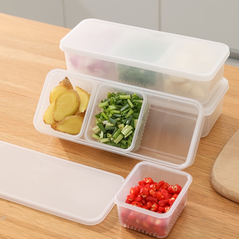 1pc 三格排水密封盒洋蔥薑蒜排水保鮮盒冰箱長方形保鮮盒