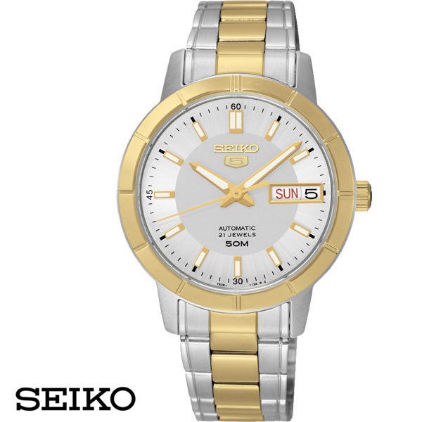 SEIKO 精工5號 金框白面三針雙色半金鋼帶機械女錶 星期日期顯示 7S26-04F0KS/SNK882J1