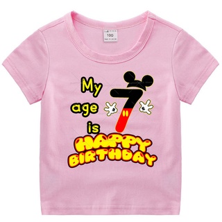 迪士尼兒童生日衣服粉色 米奇女孩T 卹 夏季透氣 1-9 數字印花 卡通小孩短袖上衣 可愛禮物