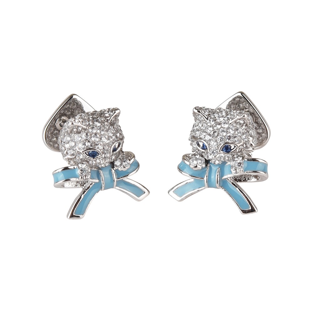 kate spade PRETTY KITTY小貓咪設計鑽鑲飾穿式耳環(銀x藍)