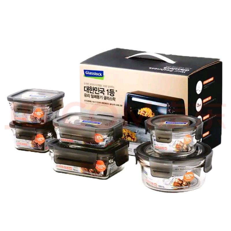 現貨～Glasslock韓國進口鋼化玻璃保鮮盒耐熱玻璃碗微波爐烤箱專用密封飯盒6件套 