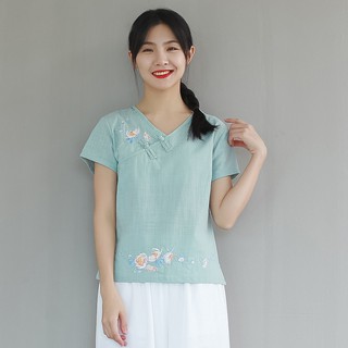 Mb 12 短袖棉麻上衣刺繡棉麻衫t恤中大尺碼女裝春夏寬鬆阿美氏復古流行民族風 蝦皮購物
