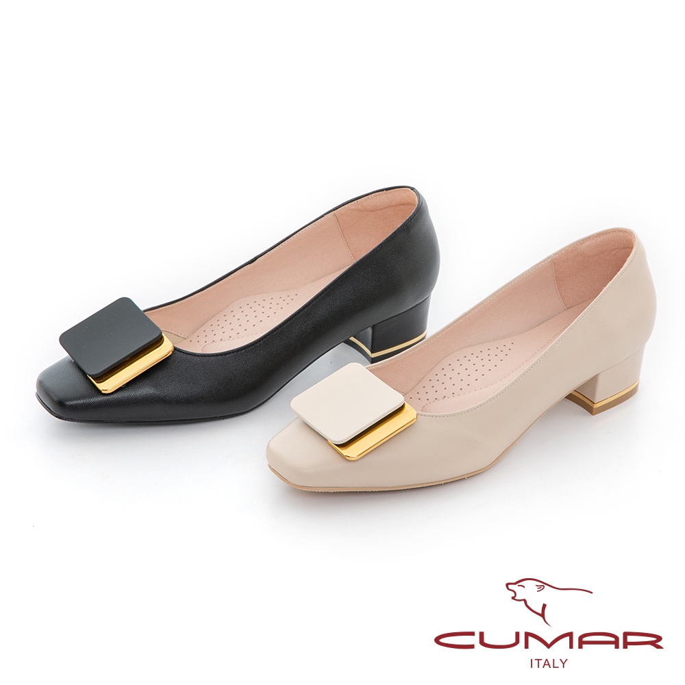 【CUMAR】小方頭簡約方式釦低根粗跟鞋