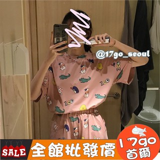 斷貨出清 E50 新款短袖T恤短褲套裝家居服卡通動物甜美睡衣女 睡衣 睡褲 居家服 居家睡衣 超好穿 卡通睡衣